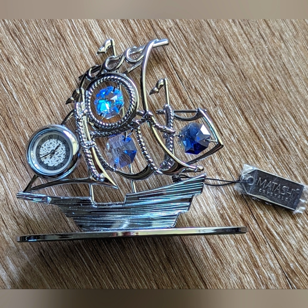 Matashi Crystal Chrome Plated Silver Sailboat Tabletop Ornament with Clock